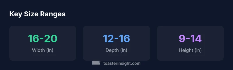 Infographic showing typical size ranges for 6-slice toaster ovens