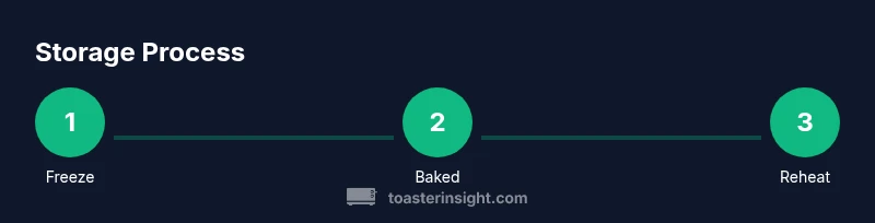 Infographic showing storage steps for toaster strudels: freeze, bake, reheat