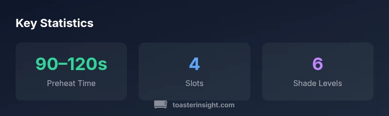 Infographic showing preheat time, 4-slot capacity, and shade levels for Hamilton Beach 4-Slice Toaster