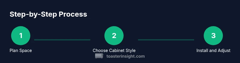 Process infographic showing planning, selection, and installation of a toaster oven cabinet