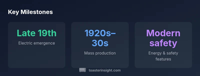 Timeline showing late 19th century electric toasters, mass production in the 1920s-30s, and modern safety features