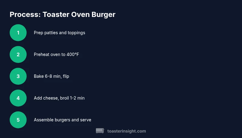 Process infographic showing steps to cook a toaster oven burger