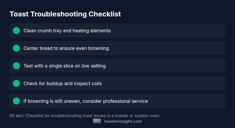Checklist for troubleshooting toast issues in a toaster or toaster oven.