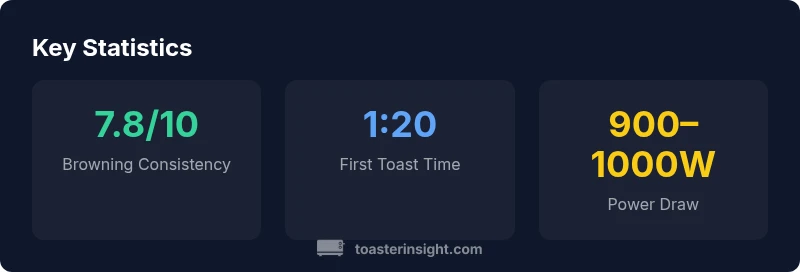 Infographic showing browning consistency, first toast time, and power draw for the oyster 2 slice toaster